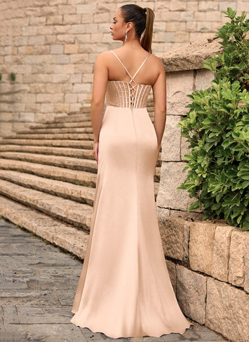 Lace Up Back Sweetheart Embellished Corset Ruched Satin Mermaid Maxi Dress With Slit